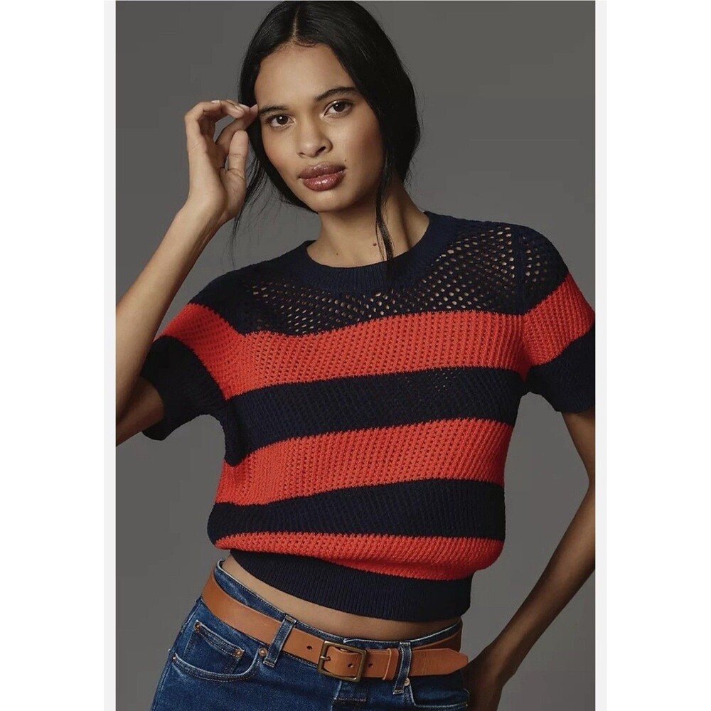 Anthropologie Maeve Open Knit Striped Sweater Top XS Red Navy Blue Short Sleeve - Picture 1 of 14